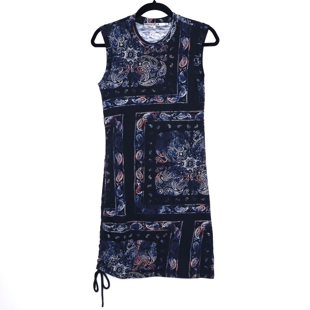 PAM & GELA Sleeveless Ruched Dress Black Tie Dye Base Print Casual Women's 0